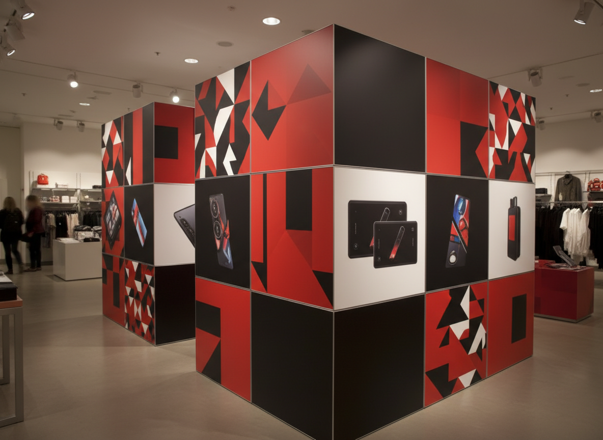 An interior retail environment featuring a custom modular display system: freestanding, cube-based structures clad in vibrant printed panels, each showing bold patterns and product imagery in saturated reds, blacks, and whites. The panels have a smooth, semi-gloss finish, crisply wrapped around sharp corners with no visible seams. Overhead track lighting casts focused beams, creating defined highlights and shadows that sculpt the forms. Photographic realism, captured from a three-quarter view at eye level, with a strong sense of depth as the displays recede into a softly blurred store background. The mood is energetic and contemporary, emphasizing how smart print fabrication can transform a space into a branded experience.