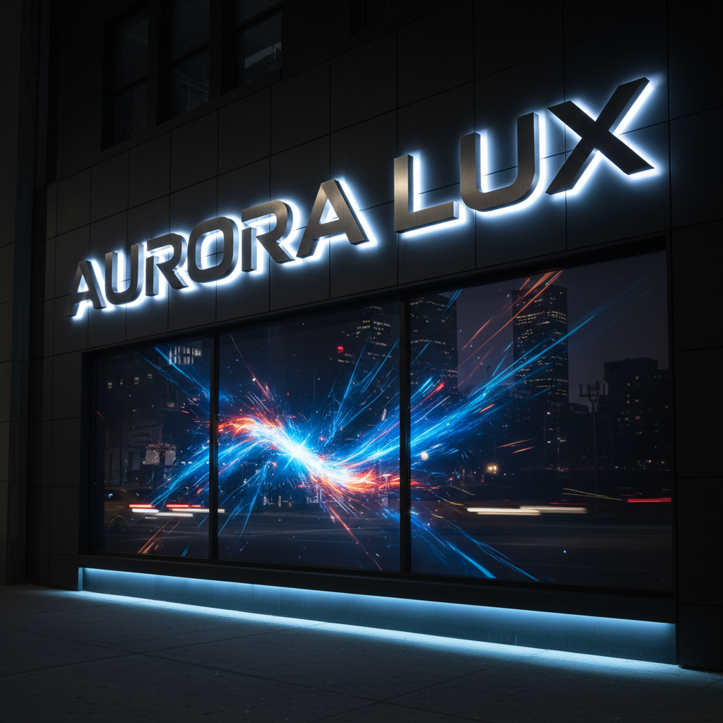 A nighttime exterior view of a bold, custom-fabricated storefront installation, featuring massive backlit channel letters spelling out a brand name in a sharp, modern typeface, mounted on a matte black facade. Below, a seamless full-color window wrap showcases a high-impact graphic in electric blues and intense oranges. Cool white LED lighting from within the letters creates a halo glow on the wall, while street-level accent lights wash the lower facade. Photographic realism with a slightly upward angle, emphasizing scale and presence against a dark urban sky. Reflections on the glass add depth, and the mood is powerful, dramatic, and unforgettable, conveying high-end fabrication and precise installation.