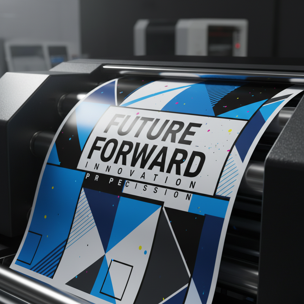 A dramatic close-up of a freshly printed, oversized poster emerging from a high-end digital press, the rich CMYK inks forming razor-sharp typography and a bold geometric design in electric blue, charcoal black, and crisp white. Tiny ink droplets and subtle paper fibers are visible on the smooth, satin-finish sheet. The machine’s metallic rollers and matte black casing frame the print. Directional studio lighting from the upper left creates strong highlights along the inked surface and soft shadows beneath the paper, enhancing texture. The composition uses a shallow depth of field with the leading edge of the poster in perfect focus. Photographic realism with a bold, dynamic atmosphere that communicates precision and impact.