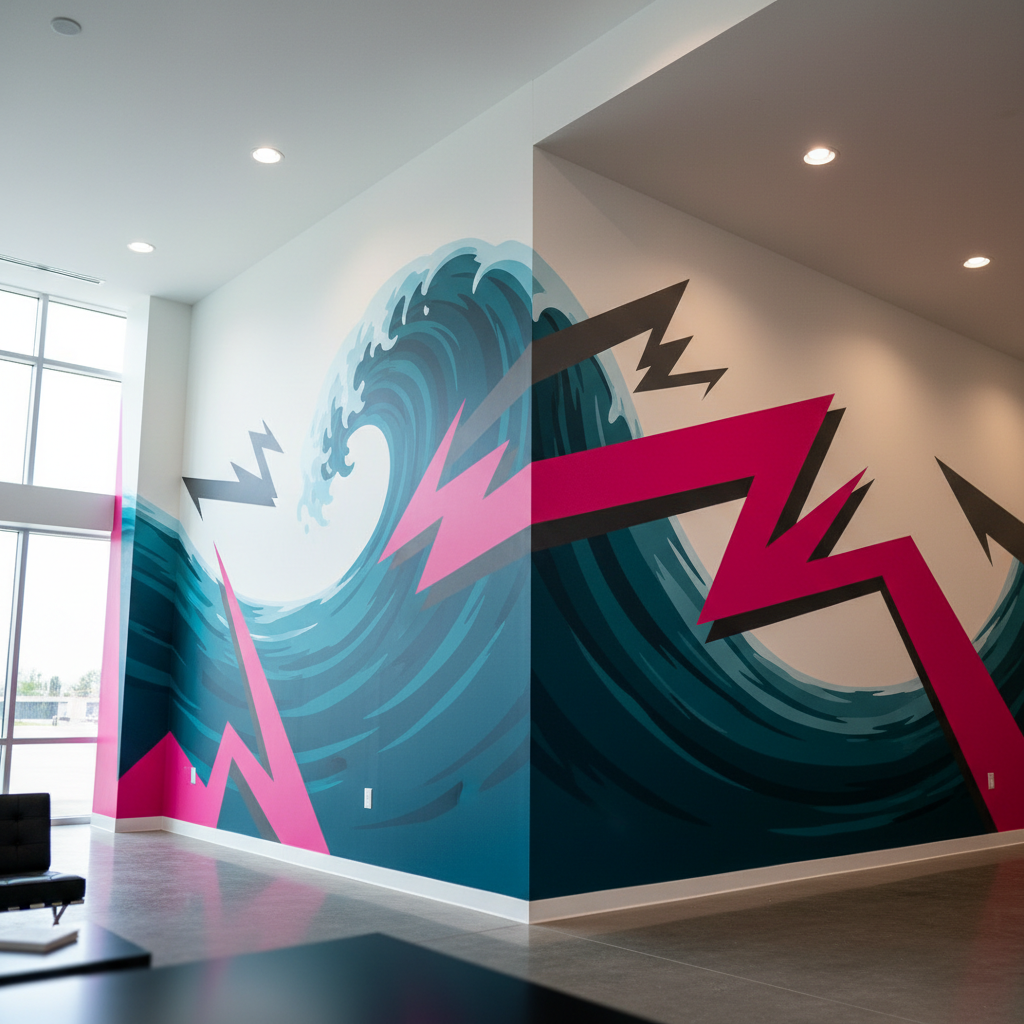 A striking wall of oversized, installed graphics in a modern commercial interior, featuring seamless vinyl murals wrapping a corner with high-contrast imagery of abstract waves and sharp angular shapes in deep teal, neon magenta, and charcoal gray. The graphics are perfectly aligned along crisp architectural edges, applied to smooth, matte walls and a column. Natural daylight floods in from tall unseen windows, mixing with subtle recessed ceiling lighting to cast soft, clean shadows that accentuate the edges of the graphics. Photographic realism, captured from a slightly low angle to emphasize height and scale, with strong vertical lines and sharp focus throughout. The mood is bold, confident, and polished, suggesting expert installation and big-brand presence.