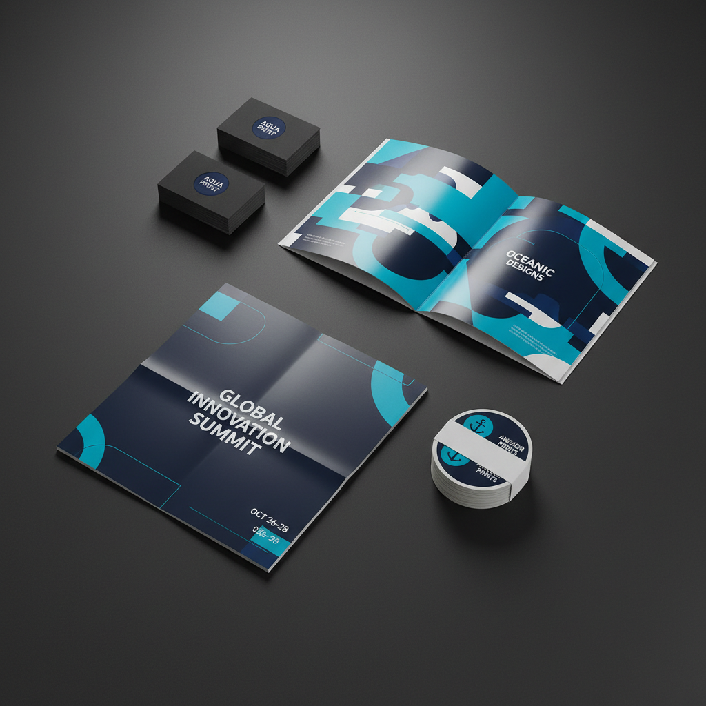 A meticulously arranged flat lay of branded print collateral on a dark charcoal tabletop: thick, ultra-matte business cards with debossed logos, a tri-fold brochure with vivid full-color imagery, a folded large-format event poster, and a compact stack of foil-stamped stickers. Each piece features cohesive design in deep navy, bright cyan, and crisp white, with subtle spot gloss catching the light. Soft, diffused studio lighting from above creates gentle shadows and emphasizes paper thickness and finishing details. Photographic realism with a clean, modern aesthetic. Shot from directly overhead, using careful spacing and alignment to create a grid-like composition. The atmosphere is refined and professional, highlighting attention to detail and the tactile quality of premium print production.