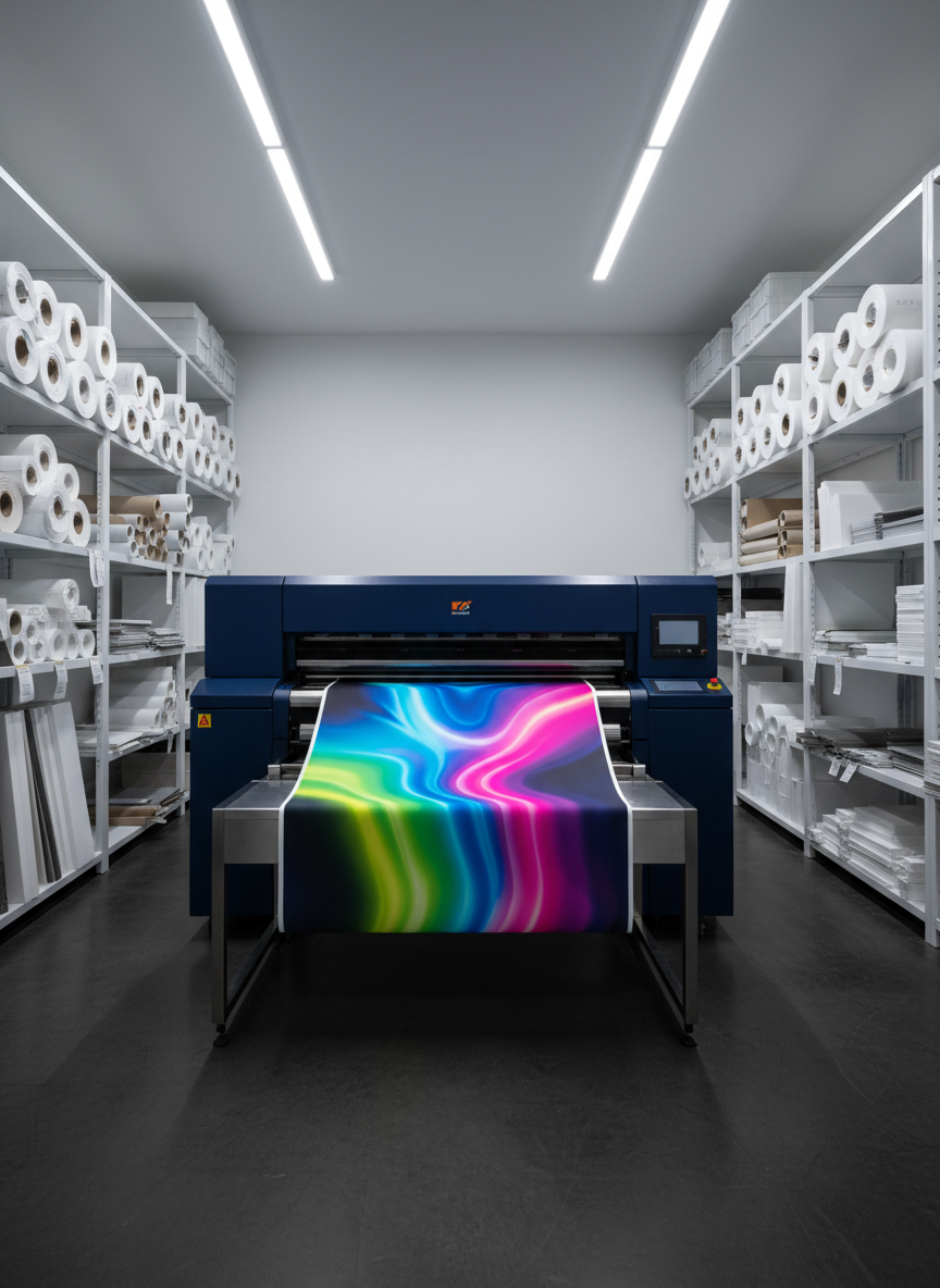 A sleek, meticulously organized large-format print studio workspace featuring a bold, navy-blue flatbed printer mid-job, feeding out a vivid, full-bleed banner with abstract neon gradients. Heavy matte paper flows smoothly across a brushed metal output tray, surrounded by neatly stacked rolls of vinyl and rigid boards stored in clean white shelving. Cool, diffused overhead LED lighting creates even illumination with gentle reflections on the printer’s glossy panels. The mood is professional, precise, and quietly powerful. Photographic realism, shot at eye level with a slightly wide angle, sharp focus across the frame, emphasizing scale and craftsmanship in a modern, minimal industrial environment with dark concrete flooring and subtle brand-colored accents.