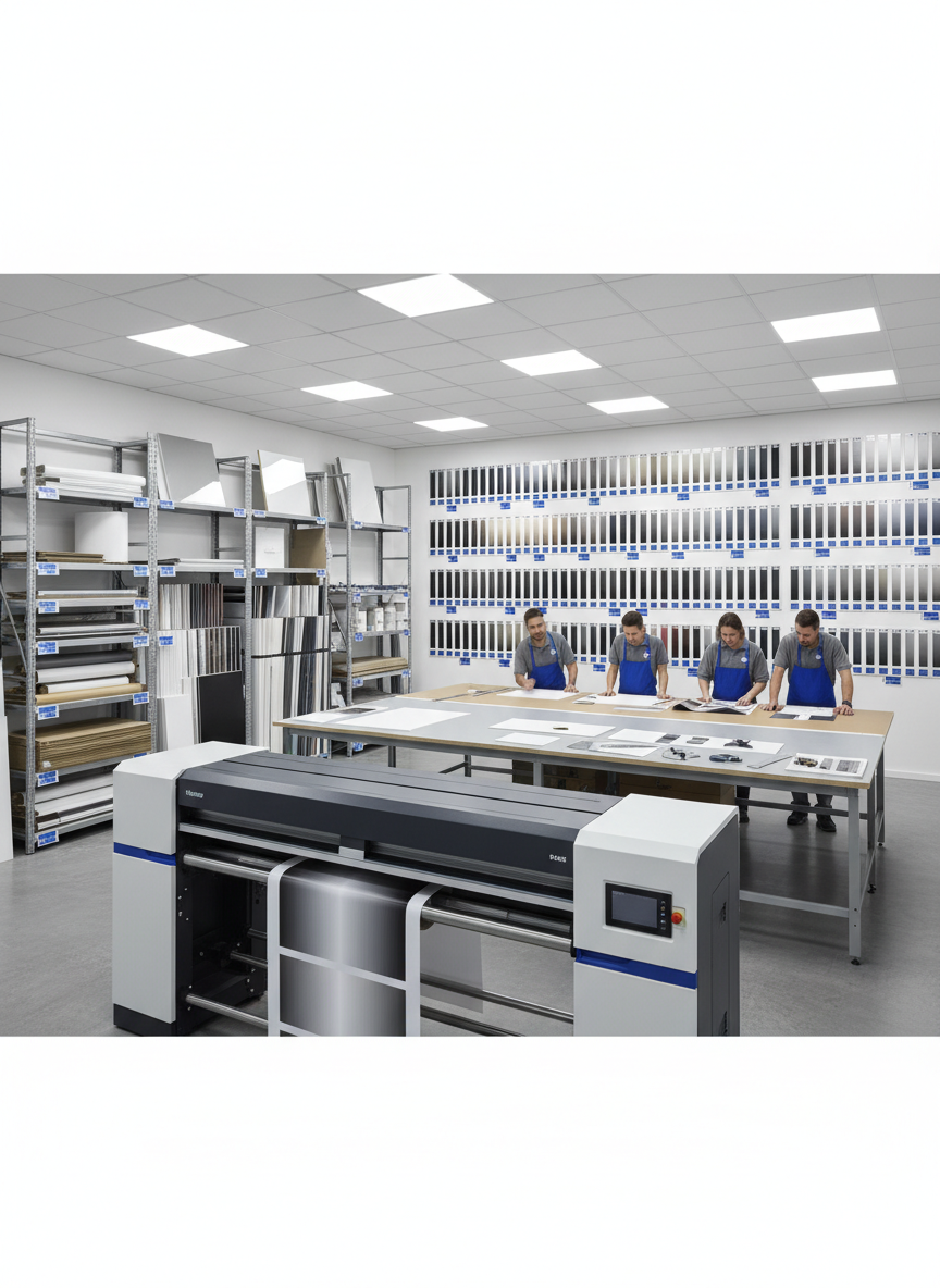 A wide, panoramic interior of a creative print production floor, showcasing multiple zones: a large-format printer in the foreground, a neatly organized cutting table with precision blades and rulers in the midground, and a wall of color-calibrated samples in the background. Rolls of vinyl, rigid substrates, and stacked corrugated boards are stored on sleek, labeled racks. Bright, even LED panel lighting from the ceiling ensures near-shadowless illumination, giving everything a crisp, clinical clarity. Photographic realism with a slightly elevated viewpoint, sharp focus throughout, and a clean, modern industrial aesthetic in whites, greys, and pops of brand blue. The atmosphere is efficient, professional, and reassuringly high-tech, underscoring capability and scale without feeling cluttered.
